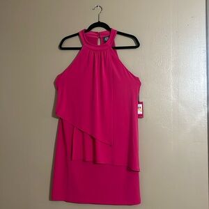 Vince Camuto Dress Sz M Pink Fuchsia Halter Back Cocktail Layered Tiered